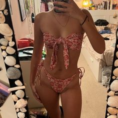 This Bikini Set Is A Toned-Down Red (More Like Rust) With Super Cute Bohemian Designs. It’s An Extra Large, So The Bottoms Fit Me Great However The Top Is Way Too Large (My Measurements For Reference: Bust: 34”, Waist: 27”, Hips: 40.5”). The Bottoms Tie On The Sides So They’re Adjustable, And The Top Ties In The Front- The Top Also Comes With Removable Padding. Pretty Swimsuits, Red Bathing Suits, Navy Blue Bikinis, Black Tankini Top, Chic Swimsuit, High Waisted Bathing Suits, Black Tankini, Plus Swimwear, Cheeky Bikinis