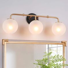 a bathroom vanity with three lights and a mirror on the wall next to a potted plant