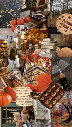 the collage shows many different things that have been made into a collage, including pumpkins and books