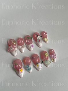 Cute kawaii charms set **charms will change Big Charm Nails, White Nails With Charms, Nail Charm Designs, Rilakkuma Nails, Sweetheart Nails, Future Makeup, Charms For Nails, Sanrio Nails, Charm Nails