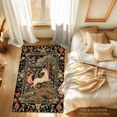 a rug with an unicorn on it in a bedroom next to a bed and window