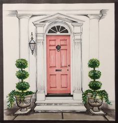 a painting of a red door with potted plants