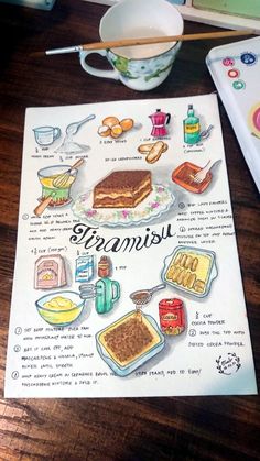 a poster on a table with food and utensils in front of it,