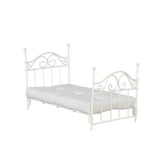 a white metal bed frame with no headboard and foot board on the bottom side