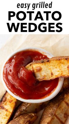 grilled potato wedges with ketchup and marinara sauce in a white bowl