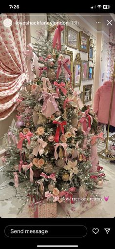 Simple Pink Christmas Tree, Loveshackfancy Christmas Tree, Pink Christmas Fireplace, Baby Girl Nursery Christmas Tree, Pink Christmas Front Porch, Christmas Decor Ideas Pink And Red, Love Shack Fancy Christmas Decor, Loveshack Fancy Christmas