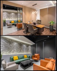 two pictures of an office with couches, chairs and desks in different positions