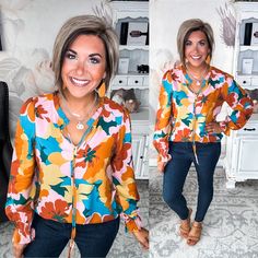 The Darling of Mine blouse is a sweet floral piece for the fashionista's wardrobe. The feminine design features a keyhole front with tie closure and ruffled bracelet sleeves - perfect for dressing up jeans or a pencil skirt. With its retro print and timeless silhouette, this top will become a wardrobe favorite for sure. 100% Rayon Want to view this on the *Live* Sizing & Styling Guide?! Watch it in the photo section above or click here! *You will need to scan through to find this specific item o Dressing Up Jeans, Rachel Clark, Dress Up Jeans, Styling Guide, New Inventory, Retro Print, Sweet Floral, A Pencil, Feminine Design