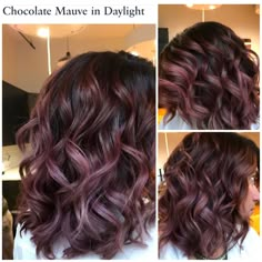 Fall Inspired Hair Color Brunettes, Rose Brown Hair Color Dark, Chocolate Mauve Highlights On Dark Hair, Burgundy Bayalage Hair, Dark Mauve Hair, Mauve Chocolate Hair, Brown Hair With Mauve Highlights, Chocolate Mauve Hair Color, Mauve Brown Hair