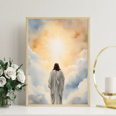 a painting of jesus standing in front of the sun with clouds and flowers next to it