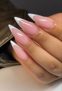 Medium Alomd Nails, White Tip Pointy Nails, Short Stelito Nails French Tip, Sharp Oval Nails, Nail Ideas Pointy Shape, Point Almond Nails, Alomd Nails Ideas French Tip, Long Almond Acrylic Nails French Tip, French Tip Pointy Nails