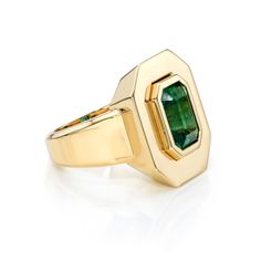 3.14ct GIA certified emerald cut green emerald bezel set in a handcrafted 18K yellow gold mounting. Luxury Green Emerald Ring With Bezel Setting, Luxury Octagon Emerald Ring With Bezel Setting, Luxury Green Emerald Ring With Polished Finish, Luxury Emerald Ring In Yellow Gold, Luxury Emerald Ring With Rectangular Stone, Classic Gold Ring With Tsavorite, Gold Rectangular Emerald Ring For May Birthstone, Luxury Emerald Cut Emerald Ring With Bezel Setting, Luxury Emerald Cut Ring With Bezel Setting