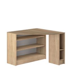 the corner desk is made from wood and has an open shelf on one side,