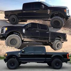 four black trucks are parked on the side of a hill and one is off road