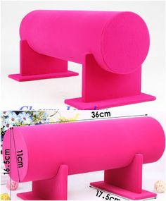 a pink object is shown with measurements for the top and bottom section, along with an image of it