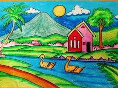 a drawing of ducks swimming in the water next to a red house and palm trees