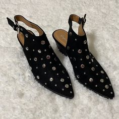 Black Qupid Studded Booties With Open Heel. Only Tried On Silver Pointed Toe Heels With Studs, Black Pointed Toe Heels With Silver Studs, Edgy Black Heels With Silver Studs, Leather Cowgirl Boots, Leopard Print Booties, Neutral Heels, Nike Tennis Dress, Qupid Shoes, Ankle Heels