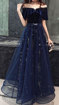 Off Shoulder Formal Dress, Navy Blue Prom Dress, Navy Blue Prom, Star Dresses, Concert Style, Long Party Dress, Blue Prom Dress, Floor Length Prom Dresses, Blue Tulle