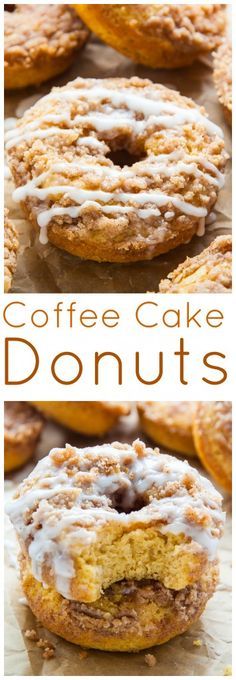 coffee cake donuts with icing and chocolate chips on top are shown in this collage