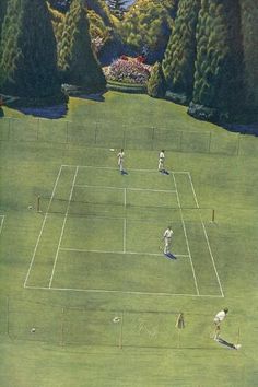 a painting of people playing tennis on a grass court with trees in the background and bushes to the side