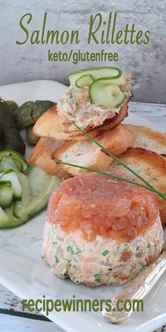 salmon, cucumber and pickles are on a plate with the words salmon rillets keto / glutenfree