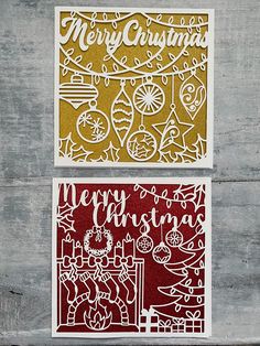 two christmas cards with the words merry christmas and santa clause on them, sitting next to each other