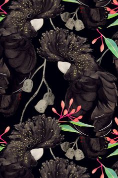 black flowers and leaves on a dark background