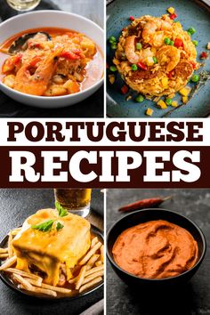 four pictures with different types of food and the words portugese recipes on them