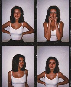 four different pictures of a woman posing for the camera with her hands on her face