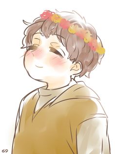 a drawing of a boy with flowers in his hair and eyes closed, looking to the side