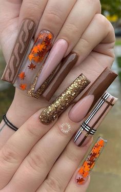 Plaid Nail Designs, Fall Gel Nails, Pumpkin Nails, Plaid Nails