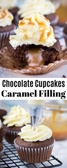 chocolate cupcakes with caramel filling on top