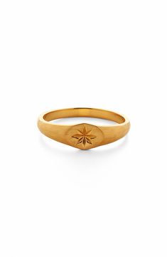 Follow your own star with this engraved signet ring crafted in lustrous 18-karat gold vermeil for elegant style. Exclusive US retailer Recycled sterling silver/18k-gold plate Imported Recipient of the Butterfly Mark certification, which identifies luxury brands that adhere to social and environmental best practices This brand meets Nordstrom Responsible Brands criteria: brand adheres to responsible social and environmental practices Star Signet Ring, Gold Ring Price, Diamond Bar Bracelet, Double Stud Earrings, Diamond Locket, Pinky Signet Ring, Signet Rings Women, Monica Vinader, Silver Signet Ring