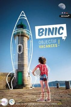 a woman standing in front of a light house with the words binc on it