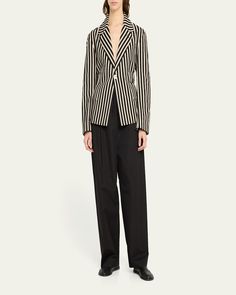 SETCHU stripe travel jacket 2    Notch lapels; onebutton front    Long sleeves    Chest welt pocket; hip flap pockets    Cutaway hem    Linen/cotton    Made in Italy Travel Jacket, Bergdorf Goodman, Flap Pocket, Welt Pocket, Tops Designs, In Italy, Long Sleeves, Italy, Luxury Fashion