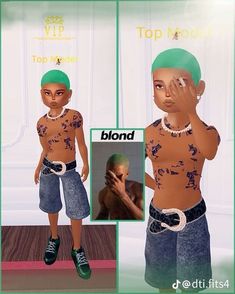 an animated image of a young man with green hair and no shirt, holding his hand up to his face