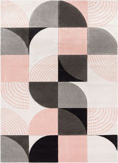 an area rug with various shapes and colors on it, including black, white, pink, gray, and grey