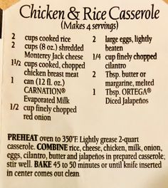 the ingredients for chicken and rice casserole are shown