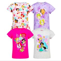 Disney Princess Kids Girls 4-Pack T-Shirt Set Color(S): Pink, Purple, White, Gray Kids Size : 3t Nwt ( New With Tags ) Features: Color(S): Pink, Purple, White, Gray Print: Disney Princess Set Includes: 4 Short Sleeve Tops Made In China Content: 60% Cotton / 40% Polyester Exclusive Of Decoration Sizing: Sizes: 3t | 4t | 5 | 6 | 7 Size Subject To Availability Care Instructions: Machine Wash Cold With Like Colors On Delicate Cycle Do Not Bleach Tumble Dry Low Remove Promptly Iron At Low Temperature Little Mermaid Shirt, New Disney Princesses, Minnie Mouse Shirts, Mermaid Shirt, Princess Kids, Mickey Mouse T Shirt, Disney T, Disney Tees, Girls Graphic Tee