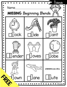 the missing beginning blends worksheet is shown in black and white with an image of