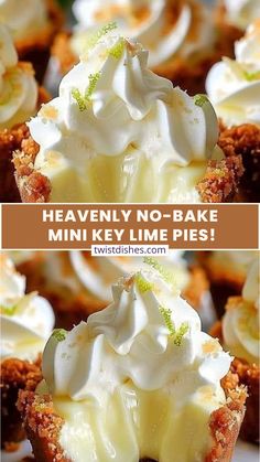 there are two pictures of cupcakes with whipped cream on top and the words heavenly no - bake mini key lime pie