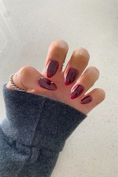 Red Wine Nails Almond, Dark Fuchsia Nails, Red Shirt Almond Nails, Christmas Nails Classy Elegant, Red Prom Dress Nails, Wine Almond Nails, Deep Red Chrome Nails, Wine Red Almond Nails, Dark Red Almond Nails