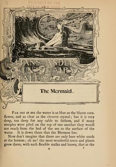 an old book is opened to show the title and page for the novel, the mermaid