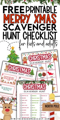 the free printable christmas scavenger hunt for kids and adults is on display