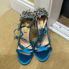 Gorgeous Rhinestone Tie Up Bright Blue Heels Size 8. Never Worn Summer Embellished Blue Heels, Glamorous Blue Party Sandals, Chic Blue Heels For Prom, Blue Rhinestone Round Toe Sandals, Blue Heels With Rhinestones And Round Toe, Glamorous Blue Sandals With Round Toe, Glamorous Blue Round Toe Sandals, Blue Party Heels With Rhinestones, Chic Turquoise Heels For Evening