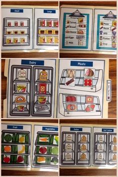 four pictures of different types of refrigerators with labels on the front and back sides