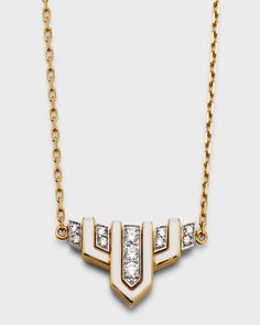 David Webb "Scape" pendant necklace from the Motif Collection    Necklace length; approx. 16"L    Integrated pendant; approx. 1.0"L x 0.75"W x 0.13"H    18karat yellow gold/platinum    18karat gold chain    White enamel    Brilliantcut white diamond pavé    Total diamond carat weight: 0.31    Push lock closure    Adjustable length    Made in USA Luxury White Gold Enamel Necklaces, Luxury Enamel Chain Necklaces, Luxury Enamel Necklace, Luxury Enamel Chain Necklace, Luxury Artistic Enamel Necklaces, David Webb, Gold Platinum, White Enamel, Pave Diamonds