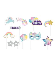 an assortment of unicorn photo booth props