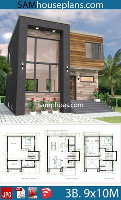 two story house plan with 3 bedroom and 2 bathrooms in the same area, it has three