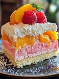 a piece of cake with fruit on top